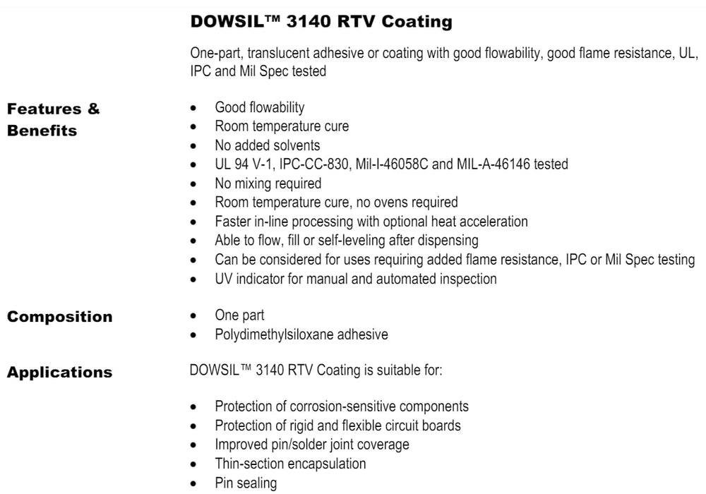 Dow DOWSIL (FORMERLY DOW CORNING) 3140 RTV Coating  Adhesive Silicone Sealant 100ml
